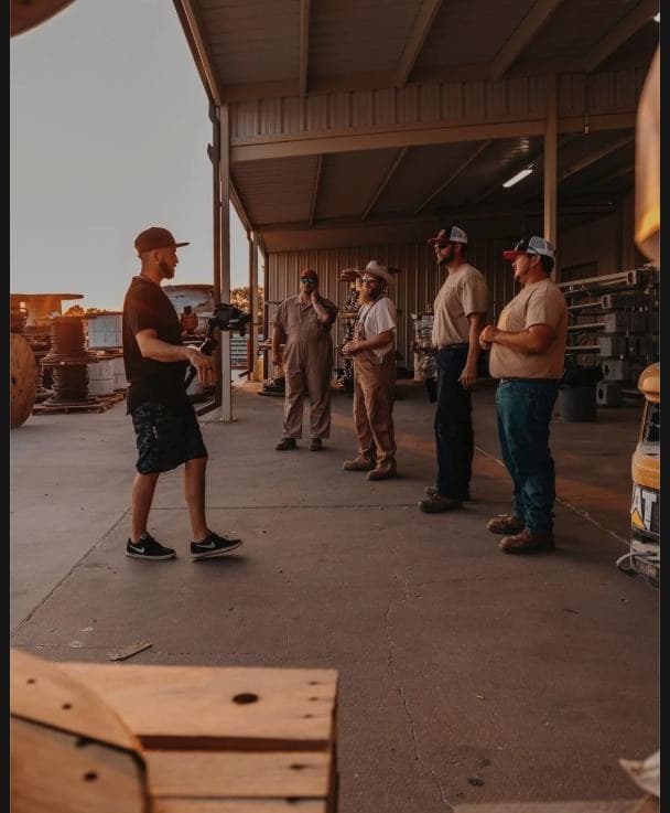 A Hyped Visuals director briefs a lineup of four People's Electric Cooperative crew members at a materials yard at sunset