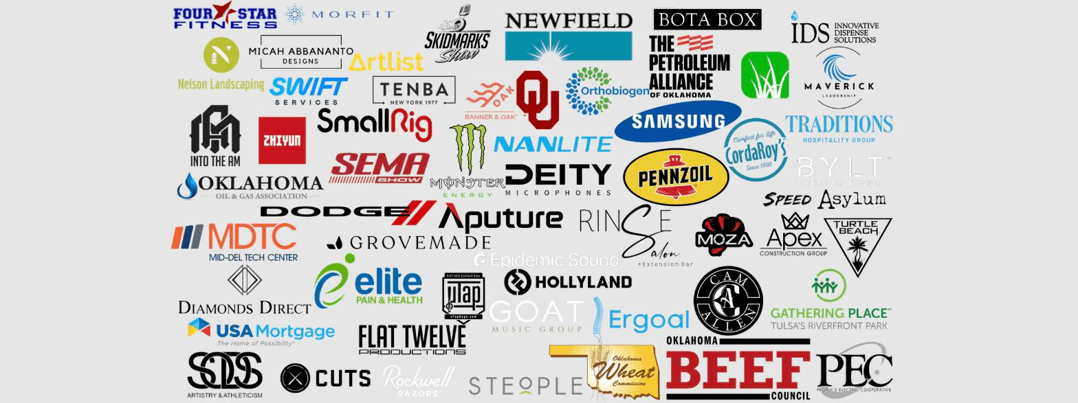 Logos of brands Hyped Visuals has produced video for, including Samsung, Pennzoil, Dodge, Monster Energy, and OU
